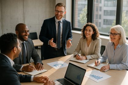 Groupe de professionnels en formation dans un bureau moderne