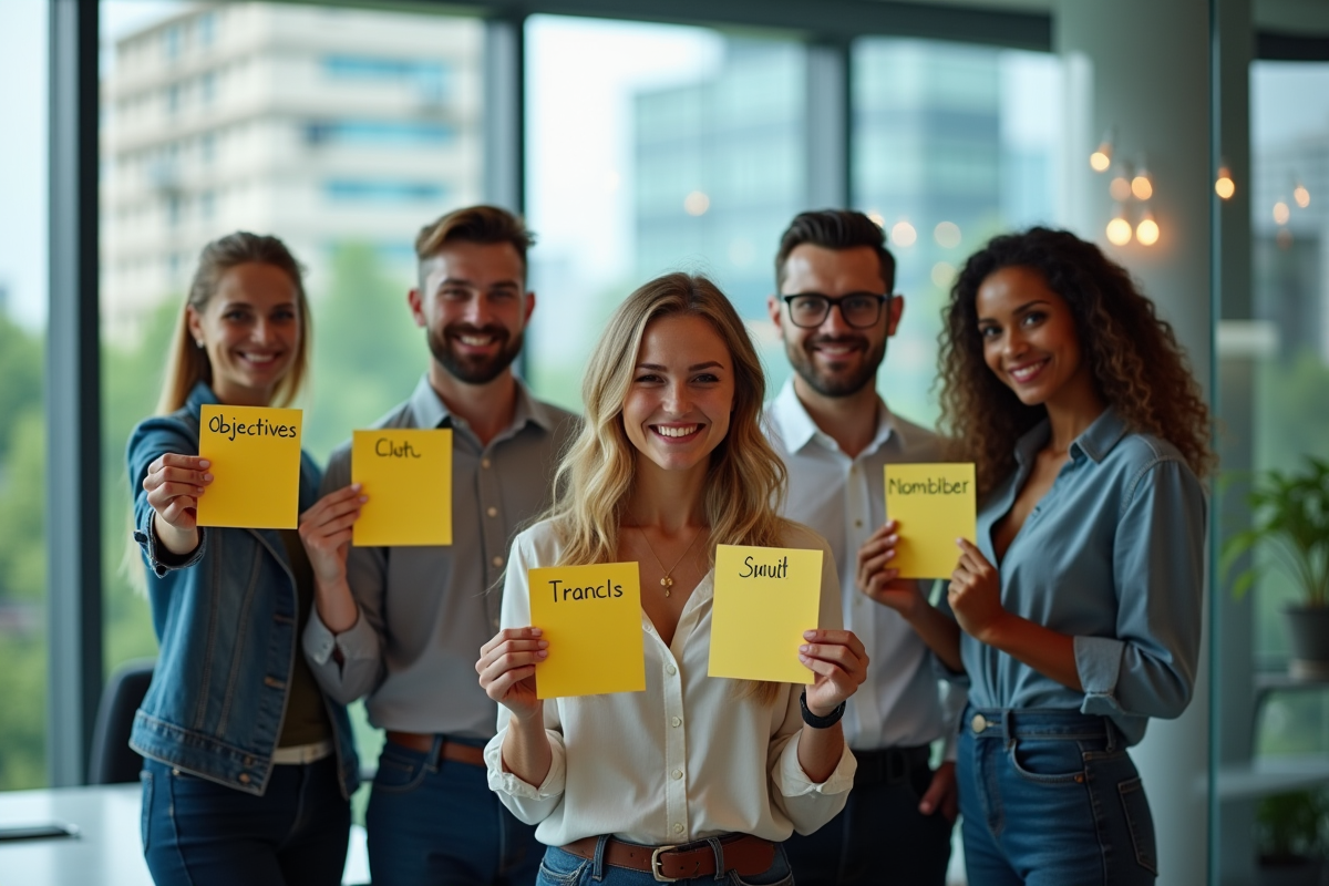 Groupe de professionnels tenant des notes dans une salle de réunion