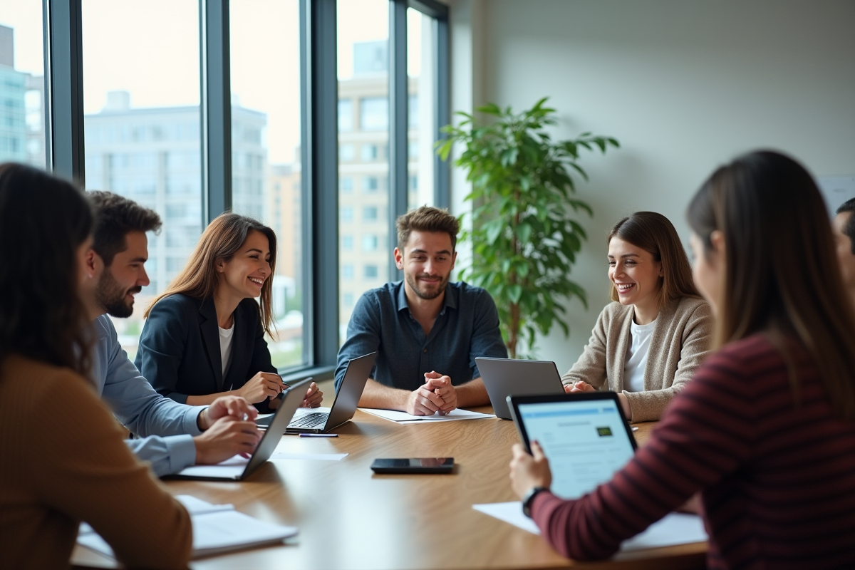 Groupe de jeunes professionnels en discussion en salle de réunion
