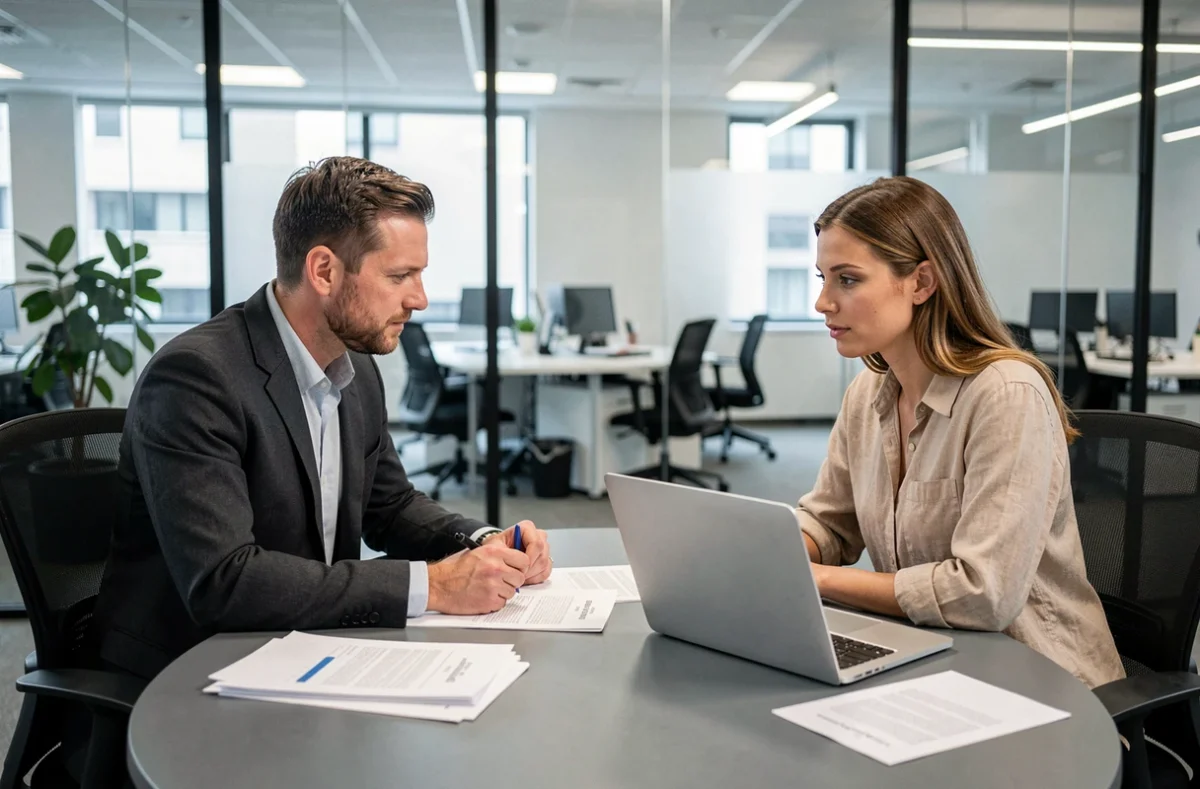 Réunion professionnelle entre un consultant SEO spécialisé en IA et un client discutant d'un projet digital ambitieux dans une salle de réunion moderne