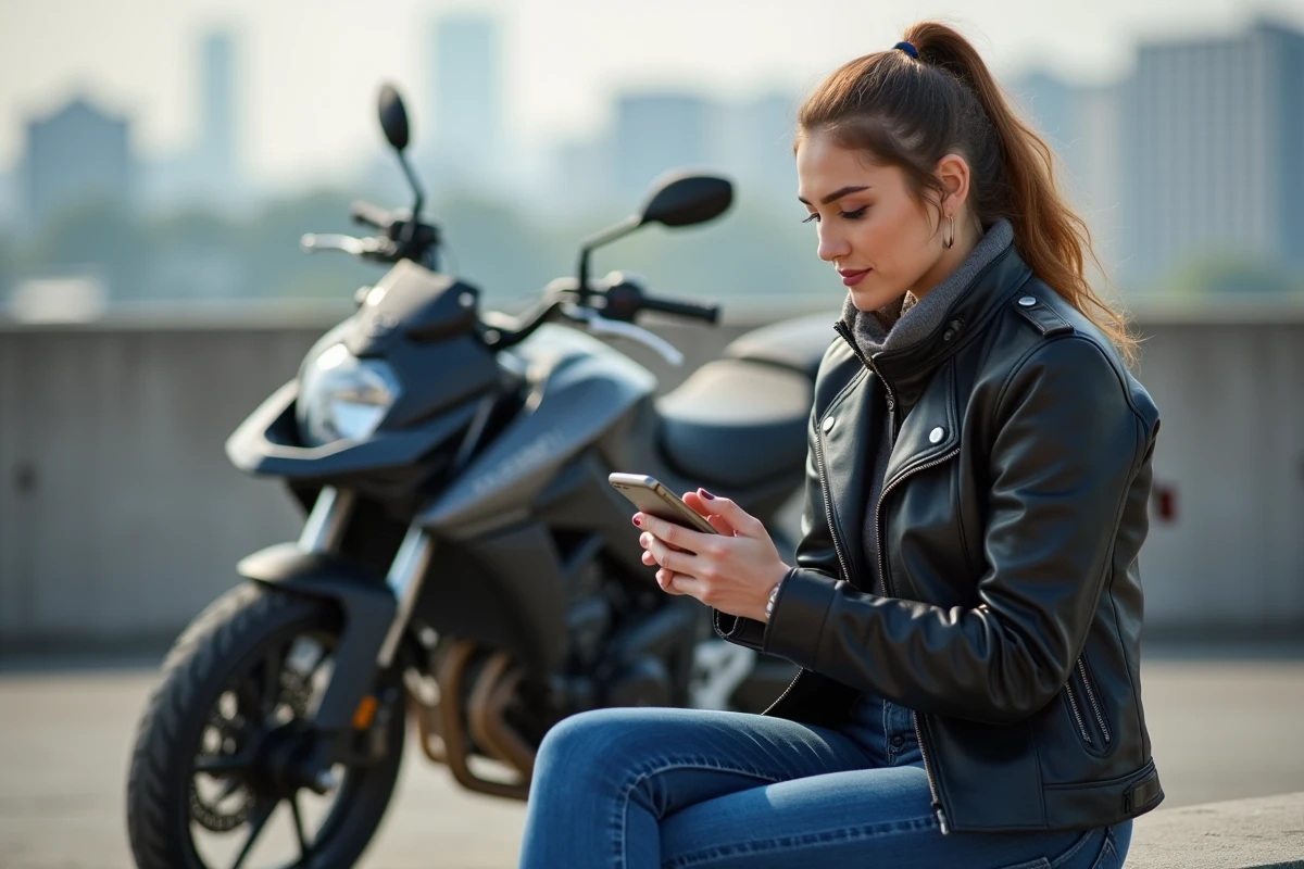 Femme motarde qui révise le code de la route moto sur smartphone près de sa moto en milieu urbain