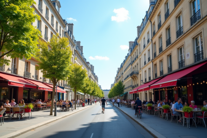 Rue ensoleillée avec architecture moderne française
