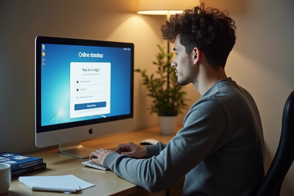 Étudiant sécurisant sa connexion au portail numérique Eduservices depuis son appartement avec authentification à deux facteurs
