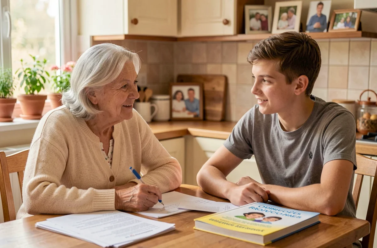 Bénévole senior de Seniors à votre Service aidant un élève à faire ses devoirs à domicile dans une ambiance chaleureuse