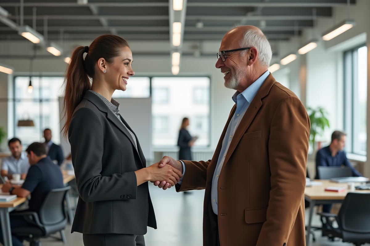 Homme et femme se serrant la main dans un bureau lumineux