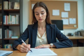 Jeune apprentie en alternance signant son contrat d'apprentissage dans un bureau universitaire