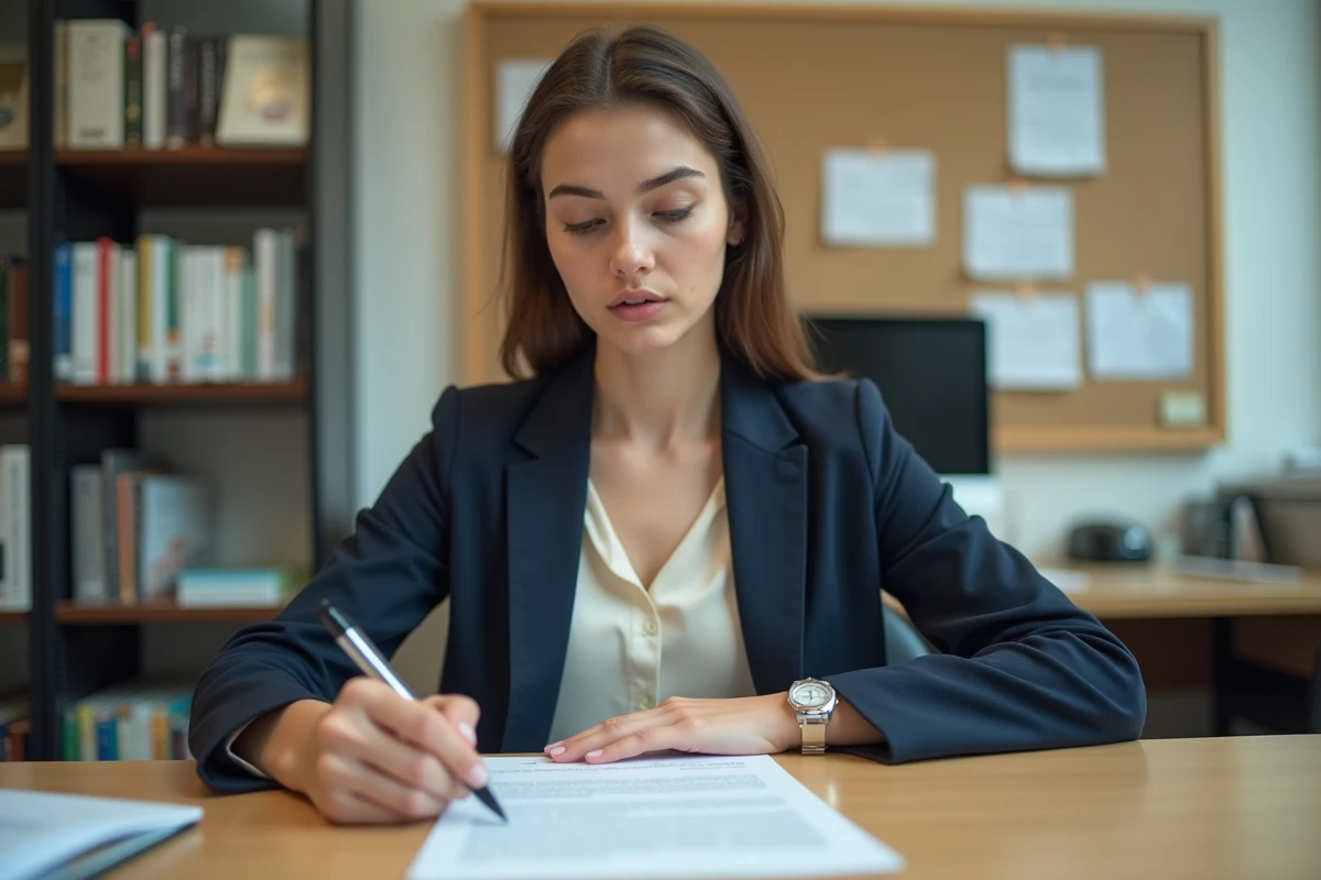 Jeune apprentie en alternance signant son contrat d'apprentissage dans un bureau universitaire