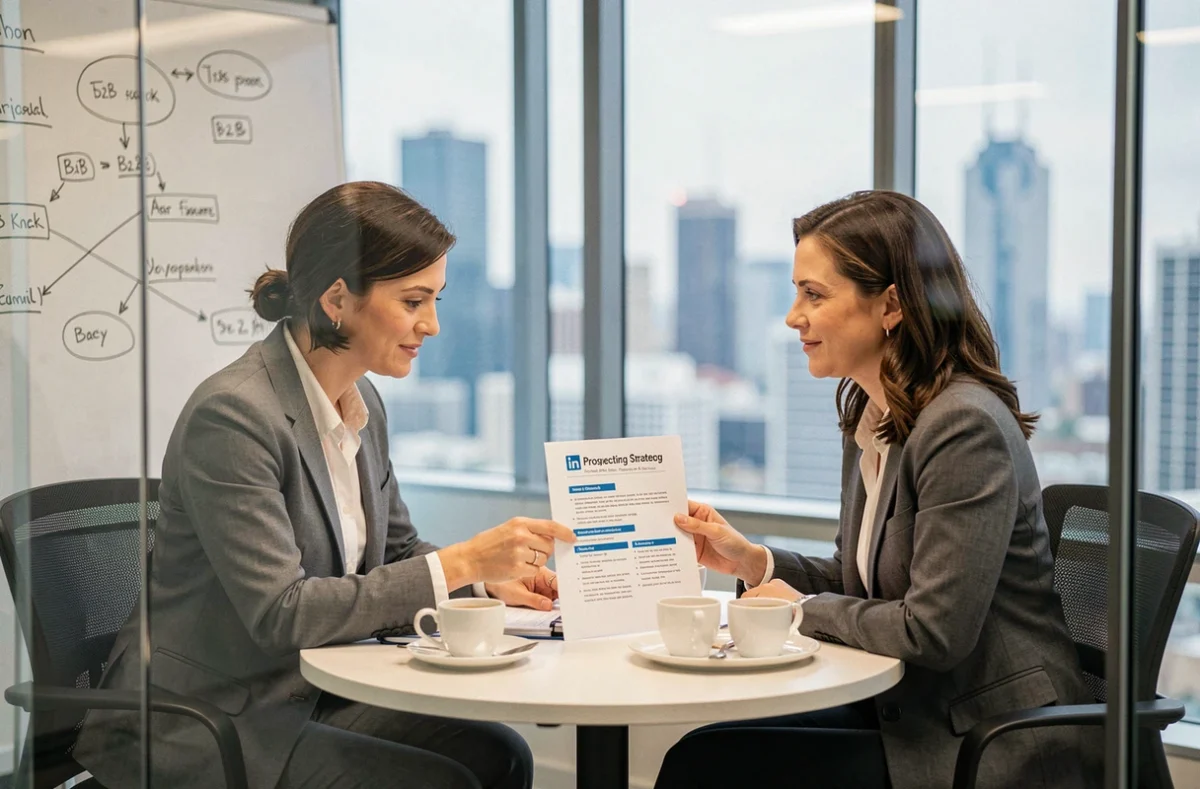 Deux professionnelles analysant ensemble une stratégie de prospection B2B LinkedIn dans une salle de réunion vitrée