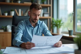 Hommes architecte au bureau examine plans architecturaux