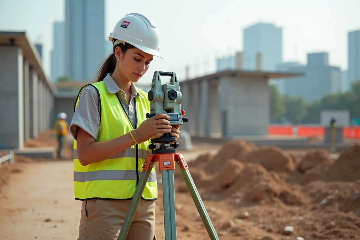 Femme géomètre sur chantier urbain avec station totale