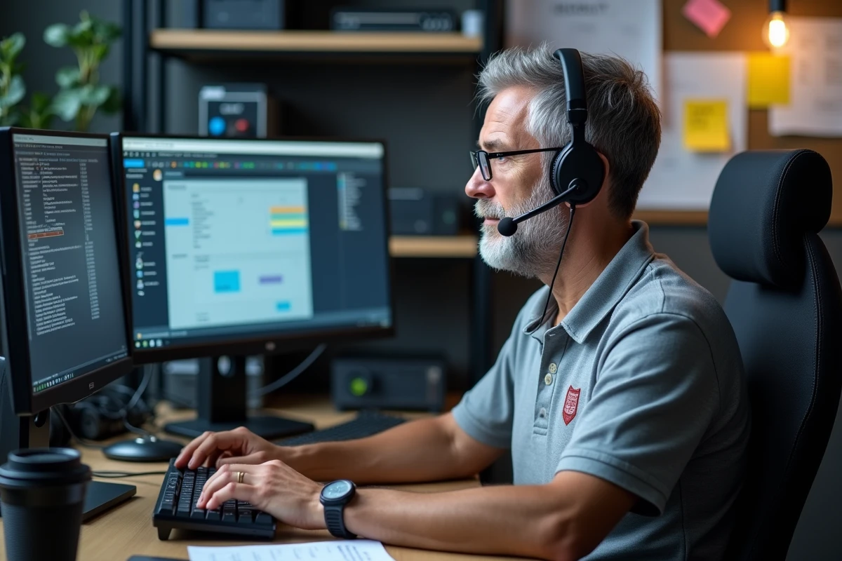 Technicien informatique du support eCampus Police traitant un problème d'accès utilisateur depuis son bureau technique