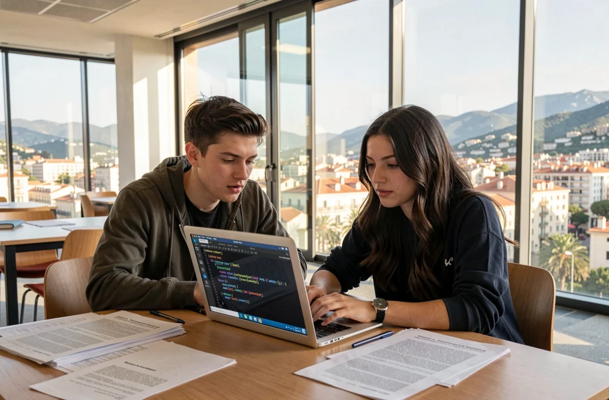 Étudiants en master informatique collaborant sur un projet à l'Université Côte d'Azur avec vue sur Nice